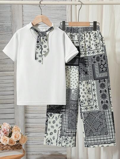 Tween Girls' Casual Solid Color Scarf, Short Sleeve Top And Wide Leg Patterned Pants Set, Suitable For Daily Wear, Vacation And Gatherings, Spring/Summer