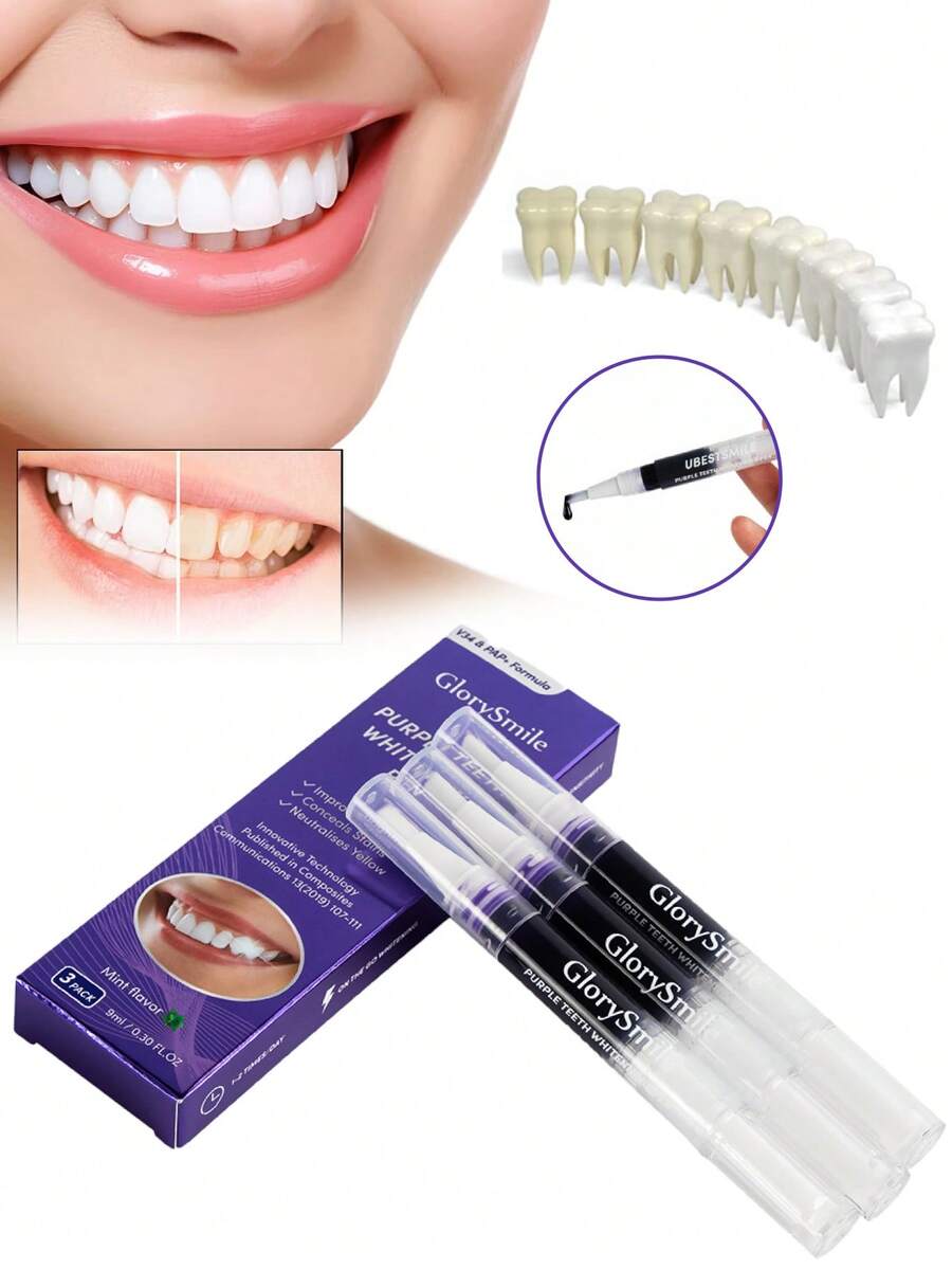 3支装紫色牙齿美白笔 - 美白牙齿、去除牙渍、保护牙釉质、改善外观、干式粘合剂技术 - 精心设计，打造美丽笑容 - 彩色 - 查看 1