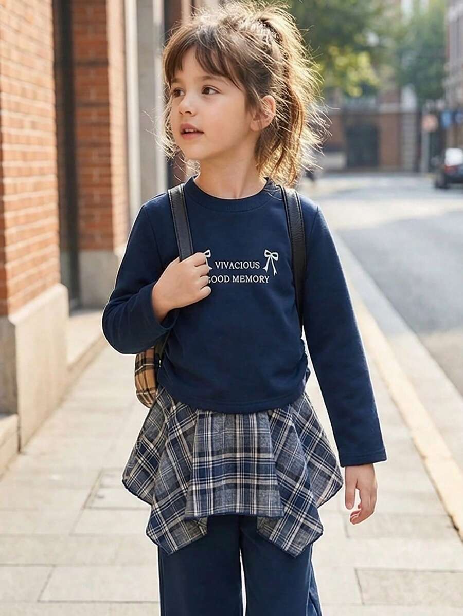مجموعة قطعتين من البنات الصغيرات، تصميم رياضي كاجوال بطباعة حرفية وطيات جانبية، سترة بأكمام طويلة وبنطال ساق واسعة، ديكور مخطط، مناسب للبنات للارتداء اليومي في فصلي الخريف والشتاء - أزرق بحري - مشاهدة 1