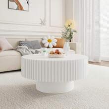 31.49" Walnut Coffee Table Round Wood, Modern Unique Fluted Tea Table, Contemporary Drum Circle Accent Center Table For Living Room, Small Space, Apartment - 白色 - 查看 4