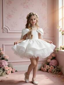 Tween Girl Elegant White Flower Girl Dress With Bow, Short Formal Dress For Wedding, Princess Dress, Prom Dress, Party, Christmas, Birthday - White - View 5