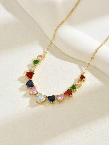 1pc Luxurious Elegant Rainbow Heart Zirconia Inlaid Clavicle Chain, Women's Valentine's Day Confession Gift Choice (Heart Pendant Color Random) - Multicolor - View 4