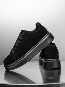 Men's Simple Solid Color Patchwork Lace-Up Casual Sneakers, Comfortable Daily Outdoor Commute Versatile Plus Size Couple Shoes - Black - View 5