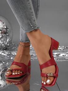 Women's Metal Geometric Buckle Decor Peep Toe Low-Top Chunky Heel Sandals, Fashion Slides, Versatile For Spring, Summer, Autumn, Red High Heels - Red - View 5