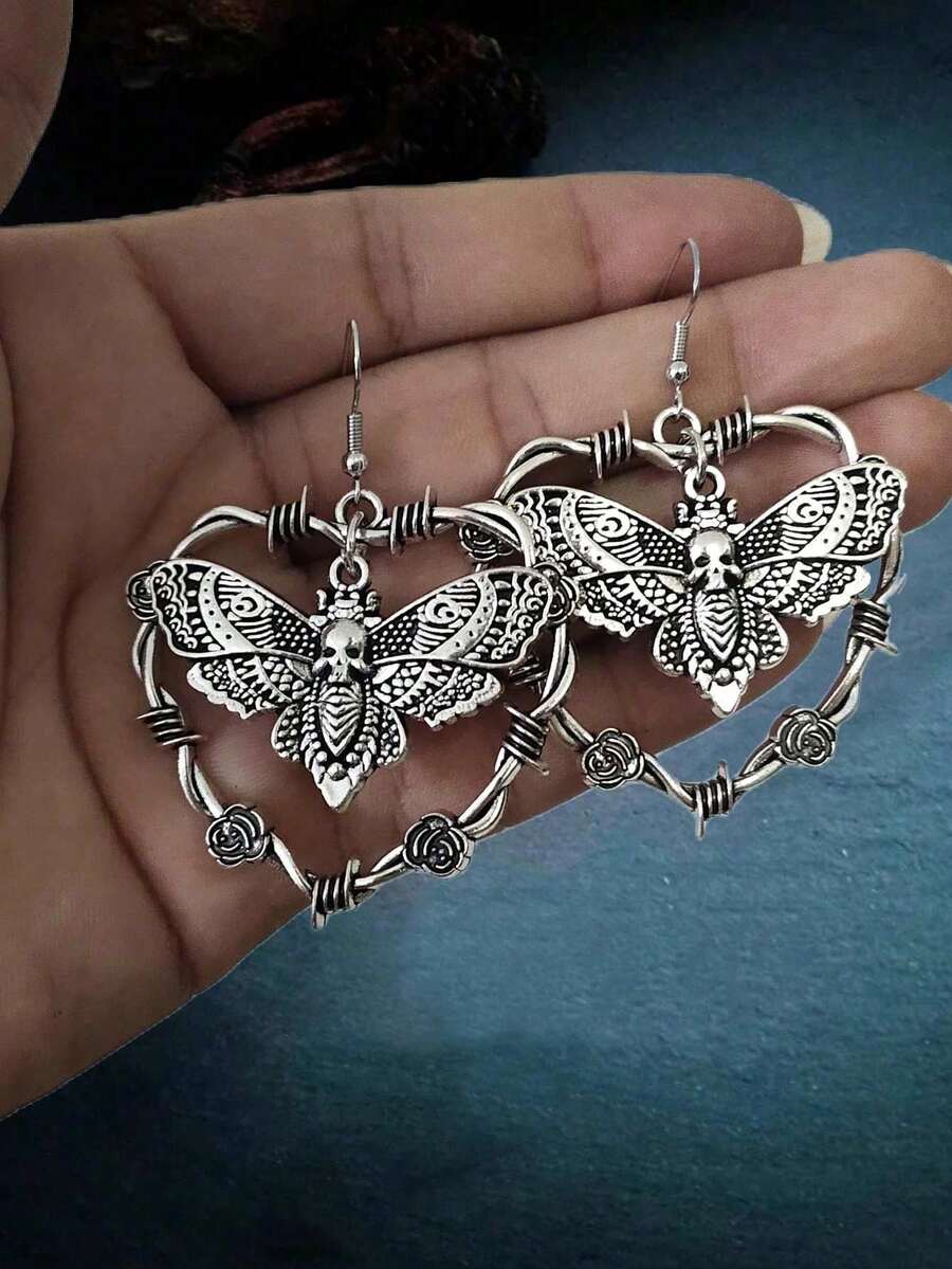 Bông tai hình trái tim hoa bướm phong cách Gothic cổ điển, bông tai hình trái tim hoa hồng phong cách Gothic Punk dành cho nữ, quà tặng ngày Valentine. - Bạc - Xem 1