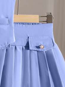 2件套女童优雅淑女学院风背心上衣和百褶裙套装，春夏款 - 淺藍色 - 查看 6