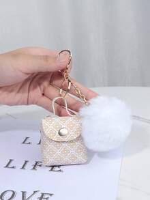 Retro Floral Mini Coin Purse Multifunctional Earphone Case Keychain Cute Fluffy Ball Keychain Travel Essentials Kawaii Bag Handle - White - View 4