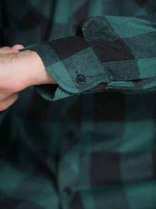 Men's Long-Sleeved Plaid Flannel Dress Shirt, Regular Fit, Buttons Down The Front, With Pocket. - 綠色 - 查看 5