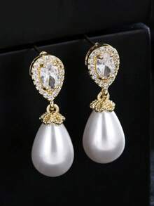 1 Pair Elegant Water Drop Pearl & Zirconia Earrings, Fashionable Minimalist Elegant Personalized Jewelry Gift For Women, Daily Wear - Yellow Gold - View 5