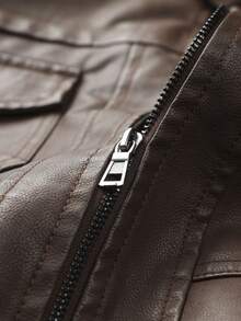 Men's Stylish Faux Leather Hooded Jacket, Windproof Warm PU Biker Coat For Spring, Autumn & Winter, Casual Streetwear With Multi-Pocket & Ribbed Hem, Detachable Hood Design For Versatile Year-Round Looks - Coffee Brown - View 6
