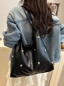 2026 Matte Solid Color Punk Rivet Commuter Tote Bag, Minimalist Style Shoulder Bag, Fashionable Large Capacity Shoulder Bag, Gothic Style - Black - View 2