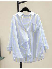 Áo sơ mi kẻ sọc có họa tiết, cài cúc phía trước, có túi, vạt trước ngắn, vạt sau dài, thích hợp cho mùa xuân. - Vàng nhạt - Xem 1