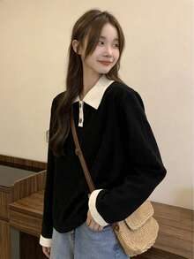 Polo Collar Long Sleeve T-Shirt For Women, Versatile Color Block Casual Top
