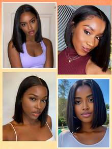 优雅的8-16英寸黑色波波头假发,女士直发中分,无刘海 - 适合日常佩戴和角色扮演,可调节绑带,真发材质,防汗帽 - Natural Black - 查看 7