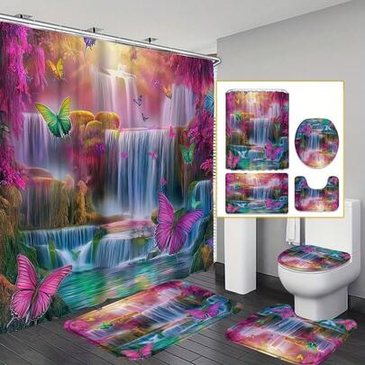 1/4 件套 3D 瀑布图案浴帘套装 - 防水涤纶材质 - 含防滑地毯、马桶垫、浴垫和挂钩 - 浴室装饰佳品 - 完美的乔迁礼物