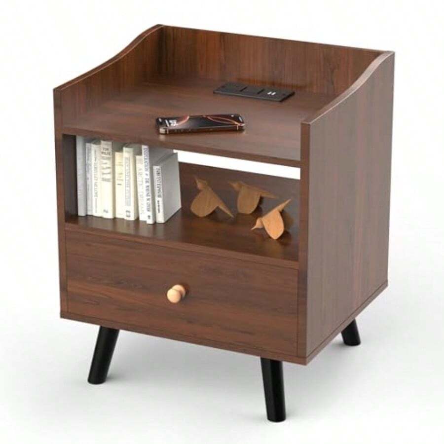 buros para recamaraMesita de Noce Buro para Recamara ntage con Estacion de Carga 3 Nive de Almacenamiento 1 Caones Puos USB y Tomas de Corriente - Buro Multifuncional para Dormito y Sala de Estarburos para recamara - como en la foto - Ver 1