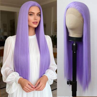 ZigZag Hair 13x4 Inches Synthetic Lace Front Wig, Long Straight Lavender Hair, Pre-Trimmed Natural Hairline, Glueless & Seamless, Heat Resistant Fiber, Suitable For Women, Deep Blue