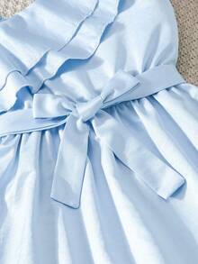1件女童休闲甜美浅蓝色荷叶边单肩A字连衣裙，腰部系带，配有同色腰带，适合夏季穿着 - 淺藍色 - 查看 4