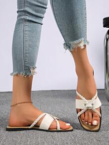 Women's French Square Toe Woven Strap Flat Sandals, Summer New Fashion Simple Versatile Slide Sandals, Indoor Casual Home Slippers - Beige - View 5