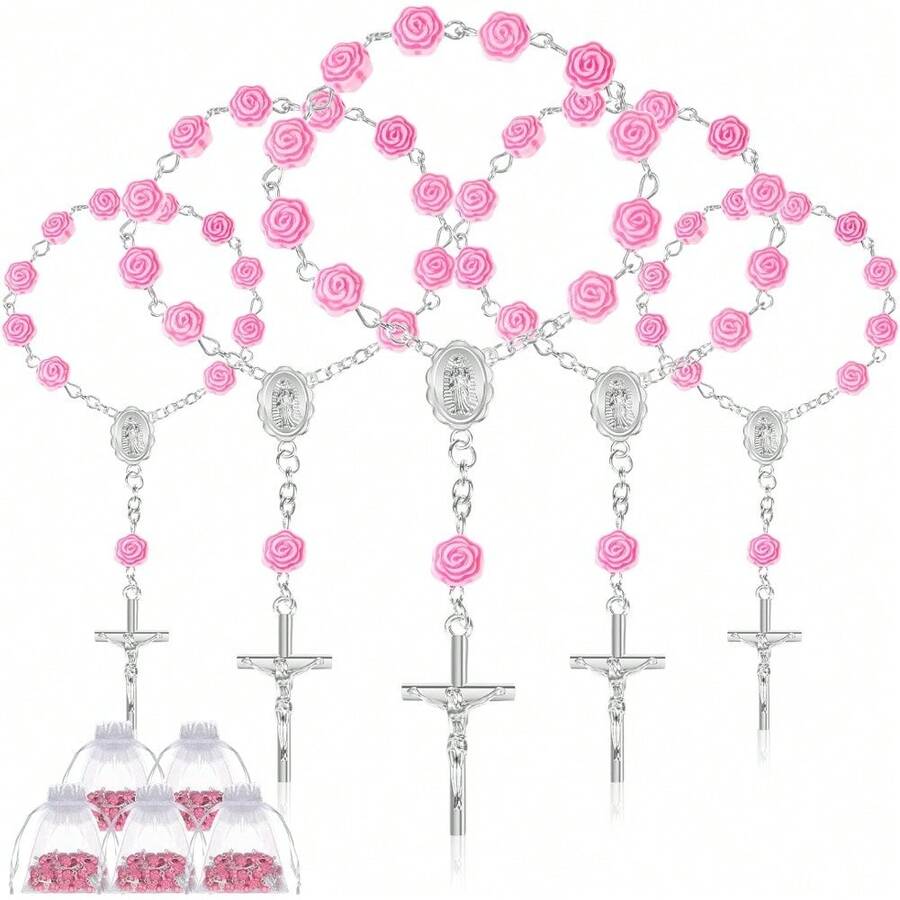 30pcs Mini Rose Rosary Baptism Gifts, Including 15pcs Pink Mini Rose Rosary Gifts, 15pcs Organza Bags And 15pcs Bracelets, Suitable For Catholic First Communion, Baptism, Wedding, Celebration Events And Parties - Multicolor - View 1