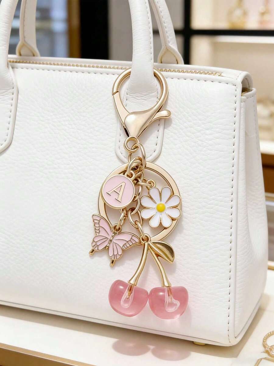 1 pieza Llavero con flor de sakura rosa y mariposa con colgante de letra A-Z, decoración floral y de mariposa, anillo redondo adecuado para bolso/billetera/llaves de coche de mujer, adecuado como regalo de cumpleaños/Navidad/aniversario (llavero personalizado con inicial)