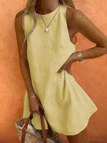 Starfish Women's Fashionable Versatile Minimalist Elegant Khaki Round Neck Sleeveless Dress, Suitable For Commuting In Spring And Summer - Yellow - View 2