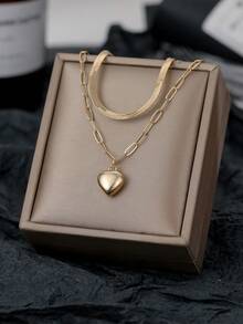 2pcs Set Fashionable Minimalist Gold Stainless Steel Blade Chain With Heart Pendant Necklace, Elegant Layered Choker Necklace, Suitable For Daily Wear And Gift - Yellow Gold - View 5