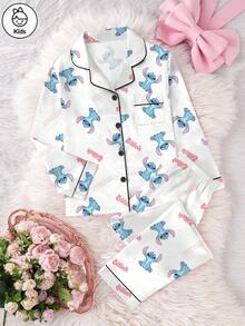 Disney 少女史迪奇系列卡通蝴蝶结印花两件套，采用柔软透气的缎面面料，休闲百搭的长袖上衣和松紧腰长裤，适合女孩，四季皆宜的家居服。 - 白色 - 查看 1