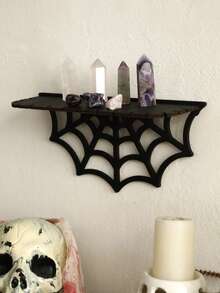 1pc Black Wooden Spider Web Pattern Floating Wall Hanging Rack, Gothic Boho Witch Style Decor Storage Display Shelf, Multi-Functional Wall Mount Suitable For Crystals, Candles, Small Decor And Halloween Decoration, Bedroom Living Room Witch Style Home Decor And Halloween Party Decoration - 彩色 - 查看 1