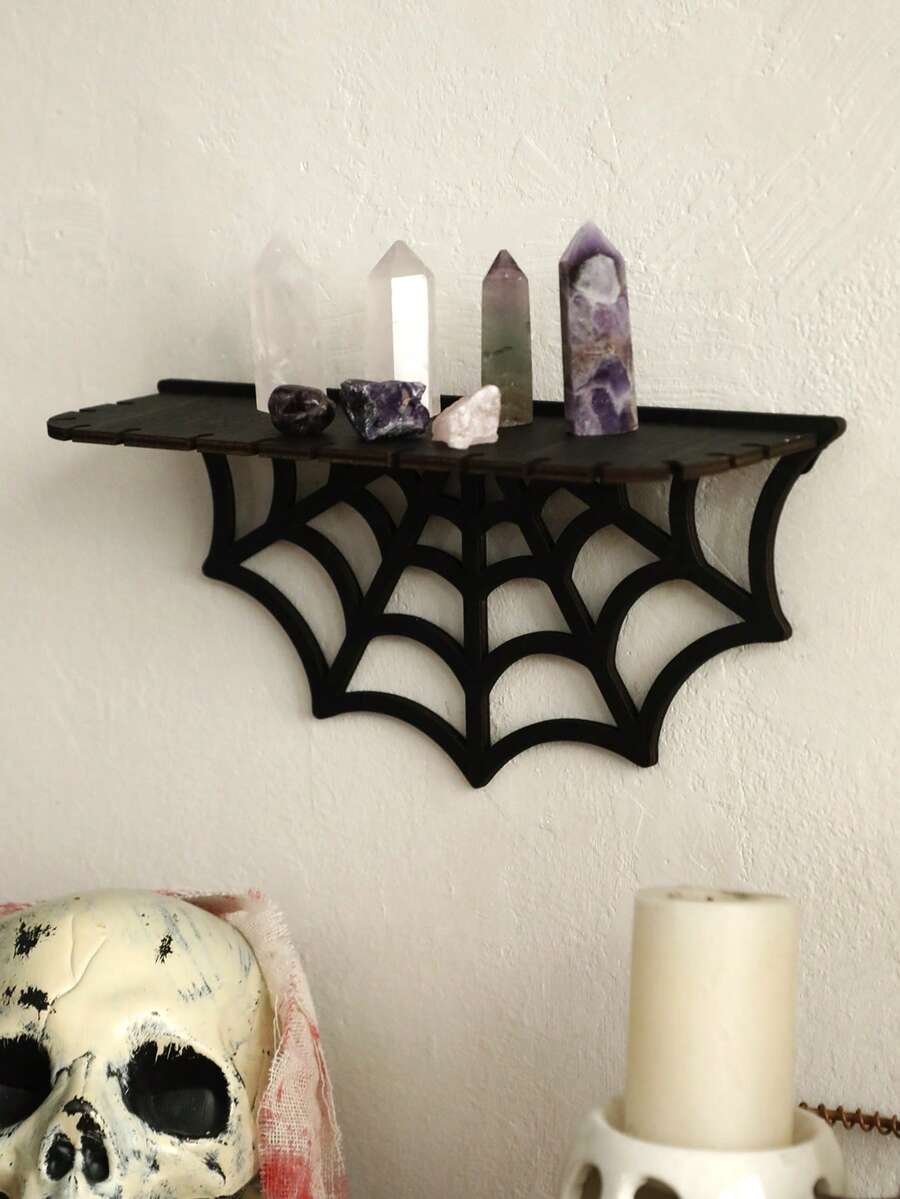 1pc Black Wooden Spider Web Pattern Floating Wall Hanging Rack, Gothic Boho Witch Style Decor Storage Display Shelf, Multi-Functional Wall Mount Suitable For Crystals, Candles, Small Decor And Halloween Decoration, Bedroom Living Room Witch Style Home Decor And Halloween Party Decoration - 彩色 - 查看 1