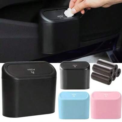 1 Car Trash Can With Lid, Includes 1 Trash Can And 60 Trash Bags, Car Storage Box, Car Organizer, Door Hanging Storage Box, Mini Creative Car Trash Can, Portable Hanging Trash Can, Suitable For Various Car Models, Car Interior Accessories