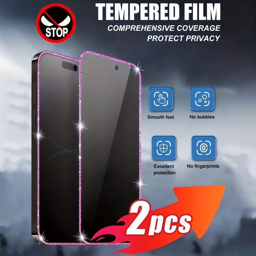 热销两件套（粉色彩虹防窥）四边粉色闪亮水钻边框钢化玻璃屏幕保护膜，防窥防偷拍手机屏幕保护膜，兼容 11/12/13/14/15 Pro Max/16 Plus/16 Pro/16 Pro Max/16e/17/17 Air/17 Pro/17 Pro Max。屏幕保护必备，适用于日常、办公、家庭使用。日常防护、办公、家庭手机配件、隐私屏幕保护膜，防水、防震、防摔、防刮。 - 2 件/粉紅色 - 查看 1