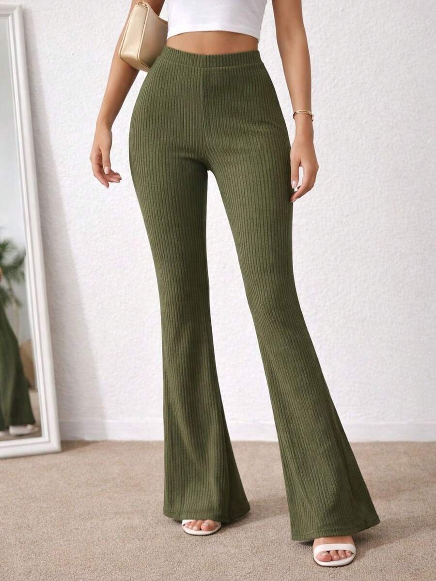 Women's Ribbed Flare Basic Comfortable Pants - Army Green - View 1