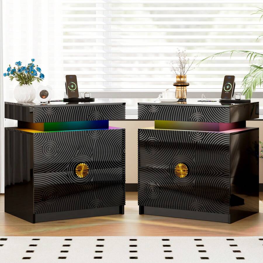 Night Stand Set Of 2 - With Lockable Gun Drawer, LED Nightstand With Charging Sation,Smart Bedside Table With 24 Color Lights,Glass Top End Table With 3 Drawers,Bedroom,White - Xem 1