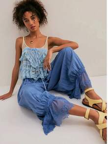 Women Lace Trim Long Bloomers Elastic Mid Rise Ruffle Pantaloons Cropped Flared Slips Pants Loungewear Summer Pettipants Capri Bottoms - 寶藍色 - 查看 2