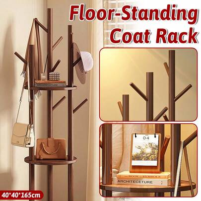 Aimall Solid Wood Floor-Standing Coat Rack With 8 Hooks Space Saving For Home Entryway