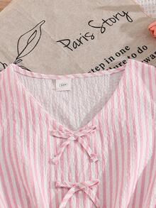 Left Mama 女童休闲简约粉色条纹蝴蝶结无袖上衣和直筒裤套装，夏季 - 粉色 - 查看 3