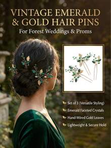 3/6 件装森林风格绿色宝石金属树叶发叉，复古优雅手工编织头饰，女士款 - 彩色 - 查看 3