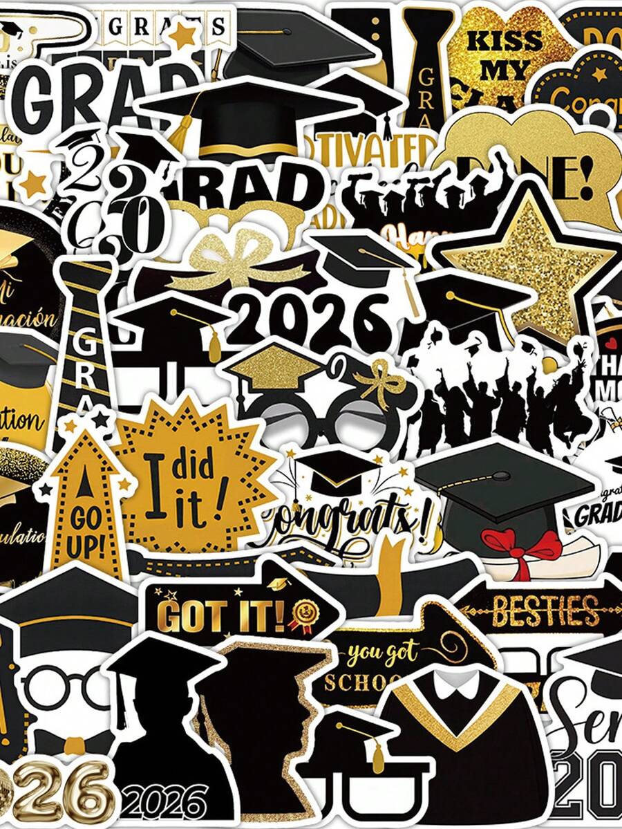 50pcs 2026 Graduation Graffiti Stickers, Cartoon Style Campus Graduation Party Waterproof Reusable Stickers For Motorcycle Helmet, Car, Gift Box, Envelope, Graffiti Stickers, Guitar, Laptop, Luggage, DIY Crafts, Helmet Stickers, Gamer Stickers, Sticker Book, Games, Diary Stickers, Bicycle Stickers, Gamer Birthday Party, Gamer Party, Office Decor - 2026 Graduation Season - View 1