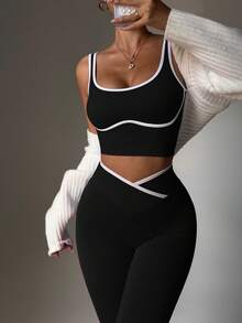 女士瑜伽撞色无缝运动套装，健身紧身裤两件套，运动两件套，健身服两件套，运动套装，活力两件套，黑色两件套运动套装 - 黑色 - 查看 6