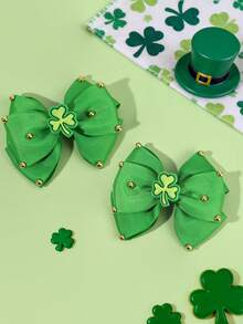 2pcs St. Patrick's Day Shamrock Hair Bows For Girls Gold Beaded Deocr Bow Alligator Clips Simple Clover Hair Clips Delicate Parade Barrettes Green Hairpins Teens Hair Accessories - Green - View 9