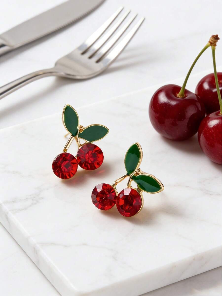 1 Pair Fully Rhinestone Cherry Earrings, Suitable For Daily Wear - Multicolor - View 1