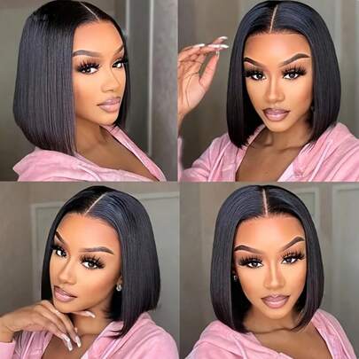 优雅的8-16英寸黑色波波头假发，女士直发中分，无刘海 - 适合日常佩戴和角色扮演，可调节绑带，真发材质，防汗帽