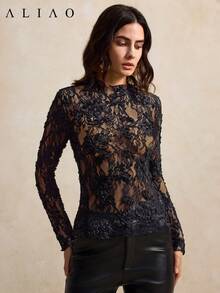 Aliao Exquisite 3D Floral Lace Long-Sleeved See Through Top, New Year, Valentine's Day, Elegant Ladies, Beach, Thanksgiving, Graduation, Concert Women, Brunch For Women, Bohemia Vacation Spring - Black - View 5