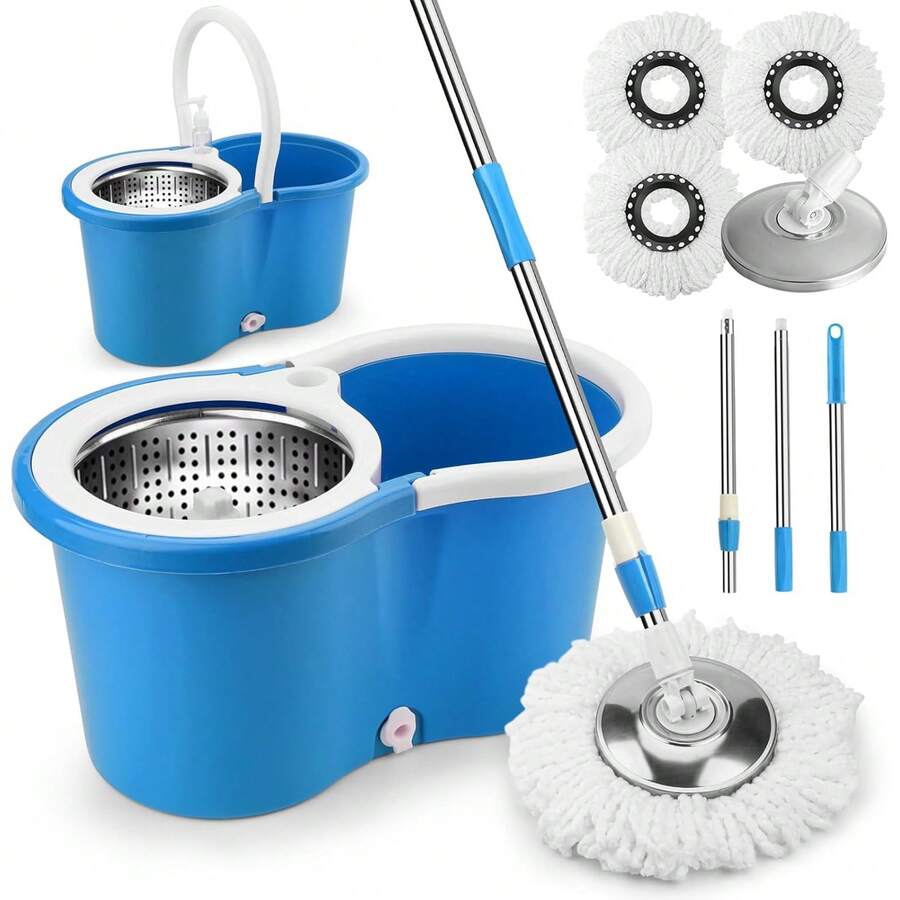 Spin Mop And Bucket, Mop And Bucket With Wringer Set For Home, 360 Spinning Mop Bucket Floor Cleaning Tool With 3 Microfiber Mop Replacement Head Refills, 61" Extended Handle For Floor Cleaning Home(Blue) - 藍色 - 查看 1