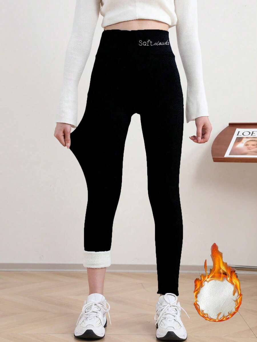 Winter Sport Tights High Waist Thick Wool Letter Embroidery Warm Velvet Thick Thermal Fleece Winter Women, Cozy(Multiple Styles And Colors, Randomly Dispatched) - Black - View 1