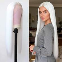 ZigZag Hair 13x4英寸合成蕾丝前假发，长直薰衣草色头发，预修剪自然发际线，无需胶水，无缝设计，耐热纤维，适合女性，深蓝色 - 彩色 - 查看 14