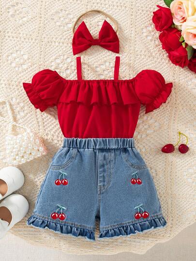 3pcs Baby Girls Valentine's Day Set: Ruffled Off-Shoulder Crop Top + Cute Cherry Embroidered Ruffle Hem Denim Shorts + Hair Scrunchie, For Valentine's Day