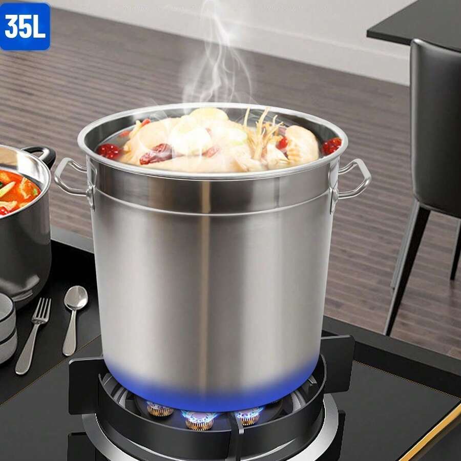 1 Pc Soup Bucket Kitchen Accessories Stockpot With 35 L Capacity For Home/Commercial Use, Stainless Steel Frame&Handle 14.2*13.8 Inch - Silver - View 1