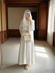 4pcs/Set Lace Trim Abaya With Sleeveless Tank Dress, Headscarf, And Belt - Milky - View 3